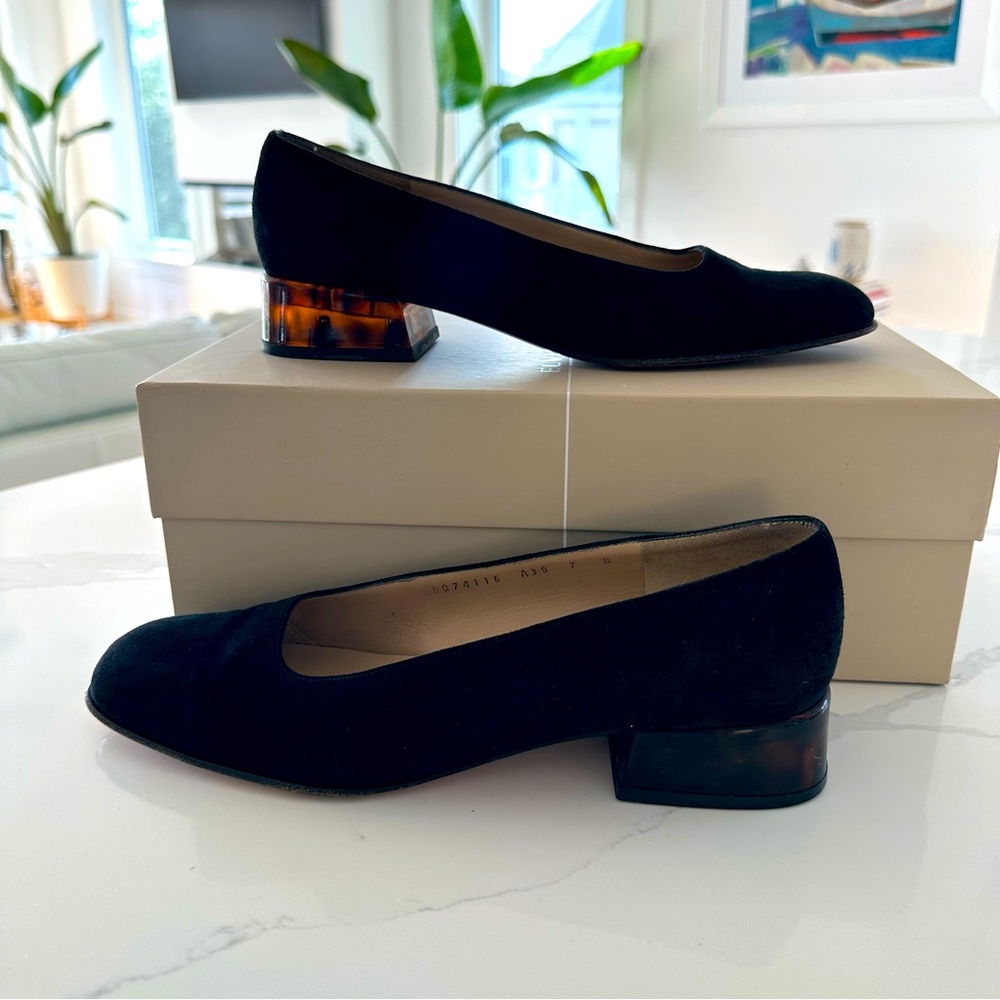 Salvatore Ferragamo Black Suede Block Heel Pump with Tortoiseshell Accent Heel
